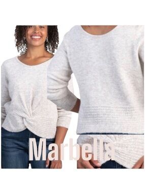 MARBELLA Oatmeal/Tan Scoop Neck Off Shoulder Knotted Waist Crop Sweater (XL)
